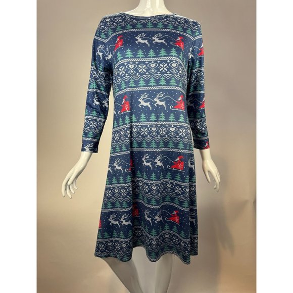 Santa Sleigh Christmas Long Sleeve Dress Size XXL Blue Cotton Blend - Picture 1 of 16